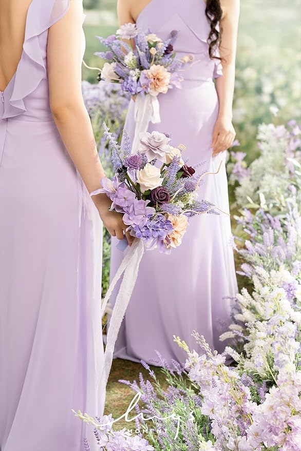 Ling's moment Artificial Flowers Purple Bridesmaid Bouquet Set of 4, Lavender Wedding Flowers Bouquets for Bridesmaids, 7 Inch Bridal Bouquets for Bridesmaids, Wedding, etc