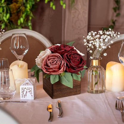 Dining Table Centerpiece Set of 6 - Pre-Made Aritifial Rose with Wooden Vase Fake Floral Arrangment Faux Flower for Wedding Bridal Tea Party Event Decorations - Burgundy & Dusty Pink