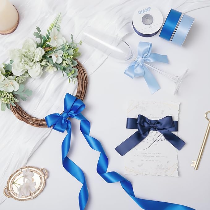Blue Double Face Satin Ribbon 1 Inch x 45 Yards Baby Blue/Royal Blue/Navy Fabric Ribbon for Gift Wrapping, Flower Bouquets, Hair Bows Making, Wedding Decor, Invitation Cards (3 Rolls *15Yd)