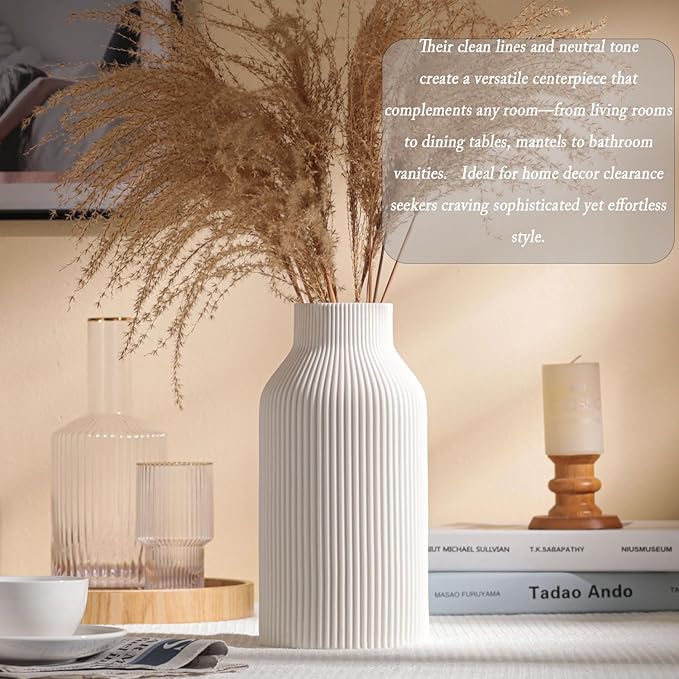 10 Inch White Ceramic Vase for Decor,Minimalist Modern Home Decorative Large Flower Vase for Pampas Grass,Bookshelf, Living Room, Shelf, Bedroom, Bathroom, Entryway Mantel Decor