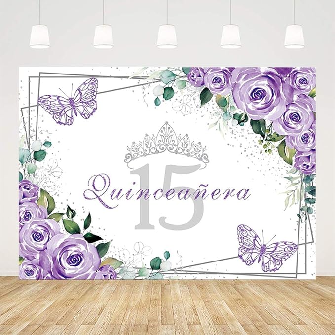 SENDY 8x6ft Quinceañera Backdrop Mis Quince 15 Anos Birthday Party Decoration Supplies for Girl Princess Purple Floral Butterfly Silver Crown Photography Background Banner Photo Booth Studio Props