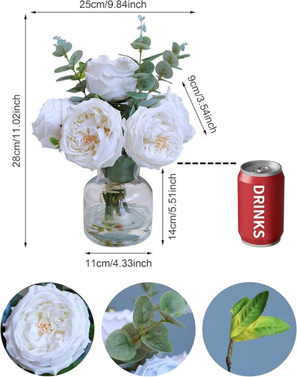 Forlaoers Modern White Roses Floral Silk Flower Arrangements Fake Flower Bouquet Artificial Flowers with Vase in Fake Water Centerpieces for Center Dining Table Decor Home Bathroom Office Decorations