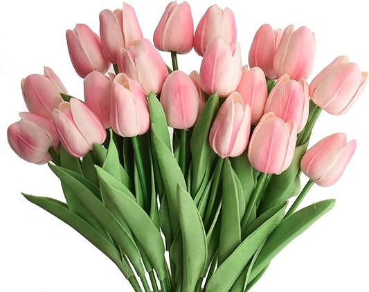 20pcs Artificial Tulips Flowers Fake Faux PU Tulip Bouquet Real Touch Flower Arrangement for Home Room Office Party Wedding Decoration Excellent Gift Idea for Mothers Day (Pink)