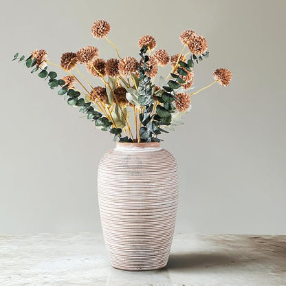 6 Artificial Silk Flowers + 3 Eucalyptus, Artificial Chrysanthemums with Stems for Home Decor, Light Taupe