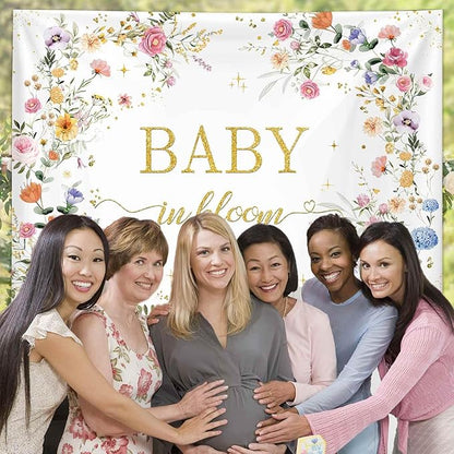 MEHOFOND 7x5ft Wildflower Baby in Bloom Baby Shower Backdrop Decorations, Wildflower Baby Shower Background, Spring Floral Banner Gold Glitter Photography Background Photo Props