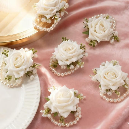 6 PCS Artificial Flowers Wrist Corsage Wristlet Band，Wedding Ball Accessories for Brides, Grooms, Bridesmaids