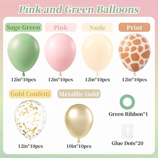 60pcs Safari Balloons 12inch, Sage Green Pink Nude Metallic Gold Confetti Balloons for Wild Safari Baby Shower Birthday Party Decorations