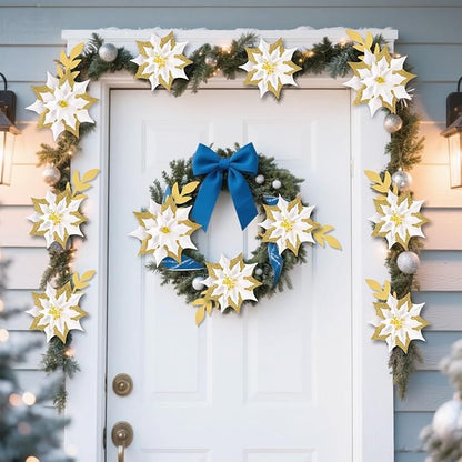15PCS Poinsettia Flowers Artificial Christmas Decorations White Gold Poinsettia Large Flowers for Wall Christmas Tree Ornaments Glitter Poinsettias Flower Wreath Garland Window Door Xmas Tree Decor
