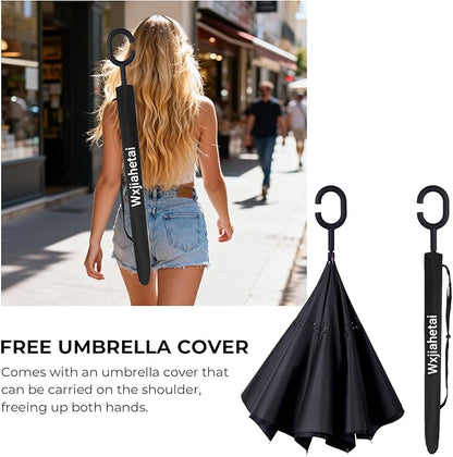 Inverted Umbrella, 49 Inch Double-Layer Vented Reverse Umbrella, Windproof Waterproof UV Protection, Lightweight C-Handle, Fiberglass Ribs, Steel Shaft, Travel/Commute/Car Use, With Sleeve