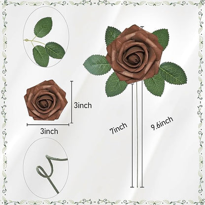 Artificial Flowers, Artificial Rose 100pcs for DIY Wedding Bouquets Centerpieces Arrangements, Brown Foam Roses with Stem for Bridal Shower Party Home Decorations