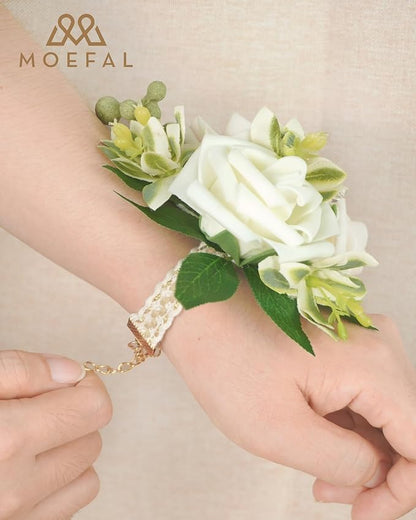 2 Pcs Artificial Flower Wrist Corsage Set, Elastic Wristlet for Prom Wedding Bridesmaid Homecoming Party Anniversary Decoration (Wht-White & Ivory)