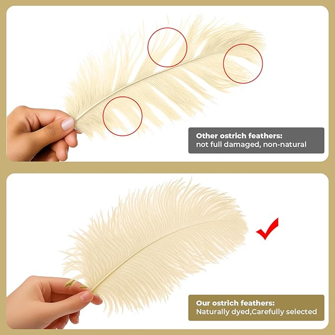 Piokio 20pcs Natural Champange Ostrich Feathers 10-12 inch (25-30cm) Bulk Feathers for Wedding Party Centerpieces, Home Decoration and DIY Clothing, Gatsby Decorations