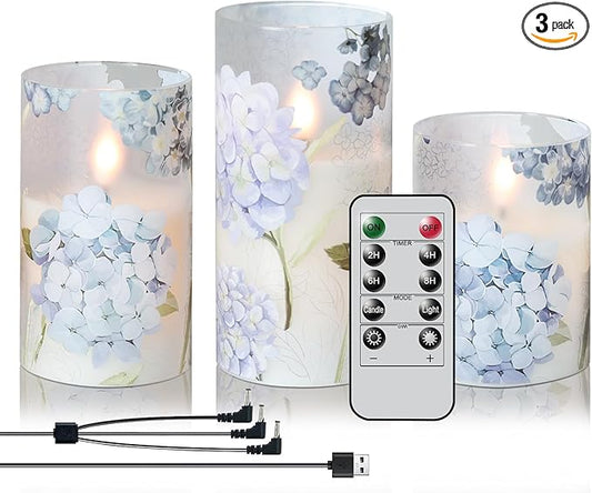 DRomance Rechargeable Hydrangea Glass Flameless Candles with Remote Timer Battery Operated LED Flickering Pillar Candles Real Wax Spring Dinner Christmas Holiday Decor D3 x H4, 5", 6"