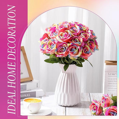 Hotop 40 Pcs Rose Artificial Flowers Bulk with Long Stem,Realistic Silk Fake Roses Bouquet for Home Wedding Centerpieces Party Table Decoration Valentines Gifts(Rainbow Color)