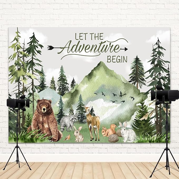 10x8ft Baby Shower Backdrop Mountain Forest Wild Animal Photography Background Cartoon Bear Woodland Green Trees White Cloud Birthday Party Banner Decorations Gender Reveal Photo Booth Prop