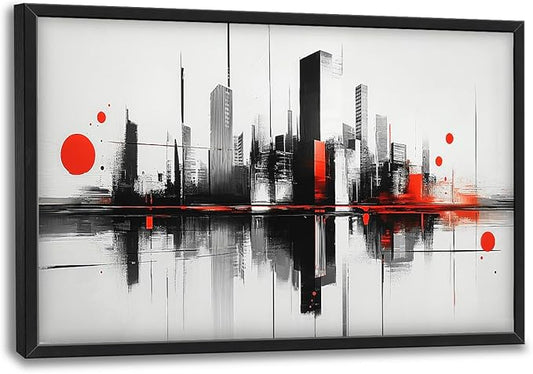 Black White Red City Wall Art City Skyline Pictures Wall Decor Large Abstract Canvas Prints Painting Framed Artwork Decoration Above Bed for Bedroom Living Room Gallery Office 36"x24"