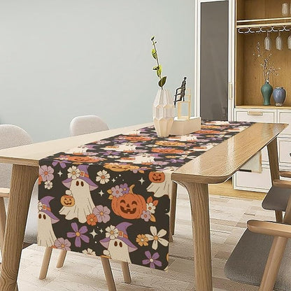 Halloween Table Runner ,Cute Ghost Pumpkin Pattern Table Runner for Home Kitchen Table Dining Garden Farmhouse Wedding Party Decor 13x120 Inch