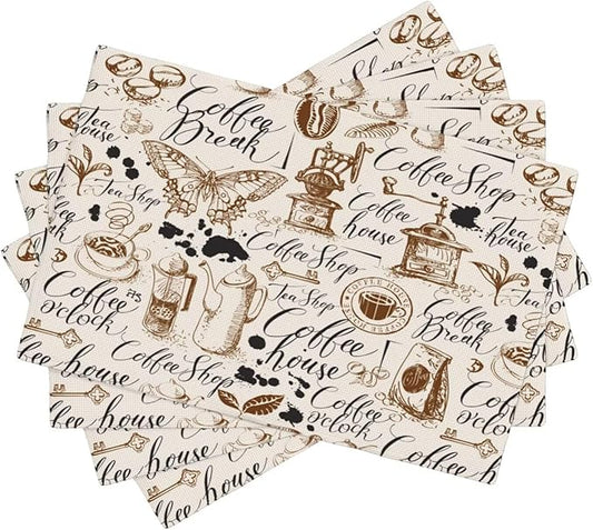 Coffee Theme Linen Placemats Set of 4 Vintage Coffee Cup Table Mats Heat Resistant Place Mats for Home Party Kitchen Dining Decoration 12x18 Inch
