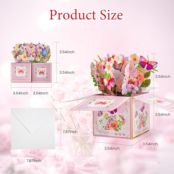 3D Pop Up Birthday Cards with Music, LED Light Musical Happy Birthday Gift Box for Women, Flowers and Butterflies Handmade Foldable Flower Box with Envelope for Mom Wife Daughter Sister