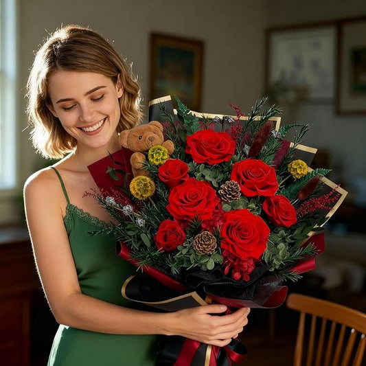 HUACHIPLUS Preserved Bouquet with Bear: Big Flowers Big Love-Romantic Gifts for Her Wife Girlfriend Mom-Flowers for Delivery Prime on Christmas Valentines Day Anniversary Mothers Day Birthday (Red1)
