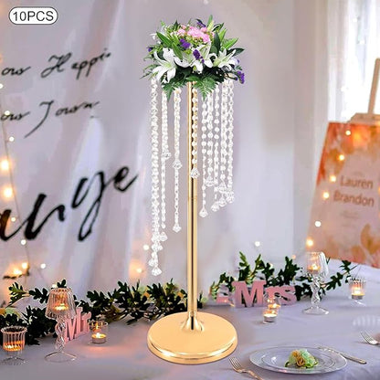 Bud Vases | Vase| 10PCS Gold Crystal Flower Vases | 27.5" Height | Elegant Wedding Centerpieces | Sparkling Crystal Accents | for Wedding Aisle Decor, Wedding Reception, Event Centerpieces