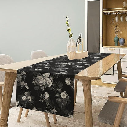 Vintage Botanical Table Runner, Abstract Watercolor Black White Gothic Flower Leaves Plants Print Table Runner for Seasonal Home Decoration Indoor Outdoor Party Decor, 13x70inch