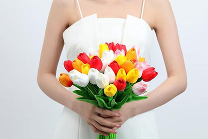 20pcs Tulips Artificial Flowers 14" Fake Flowers Slik Real Touch Tulips Faux Flowers for Spring Easter Mother's Day Table Decor Wedding Bouquet (Colorful)