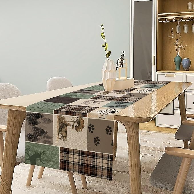 Bear Deer Table Runner,Rustic Lodge Retro Country Farmhouse Buffalo Plaid Print Tablecloth Burlap for Hotel Indoors Outdoor Dining Room Kitchen Home Decor,W13X L60 in