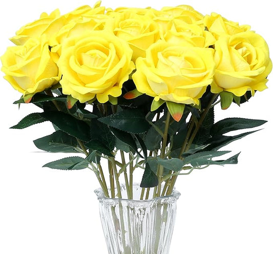 SITUMEIZI 15PCS Yellow Artificial Roses Silk Flowers Fake Roses Realistic Bouquet Long Stem with Gift Box for Mother's Gift Day Home Party Wedding Decorations