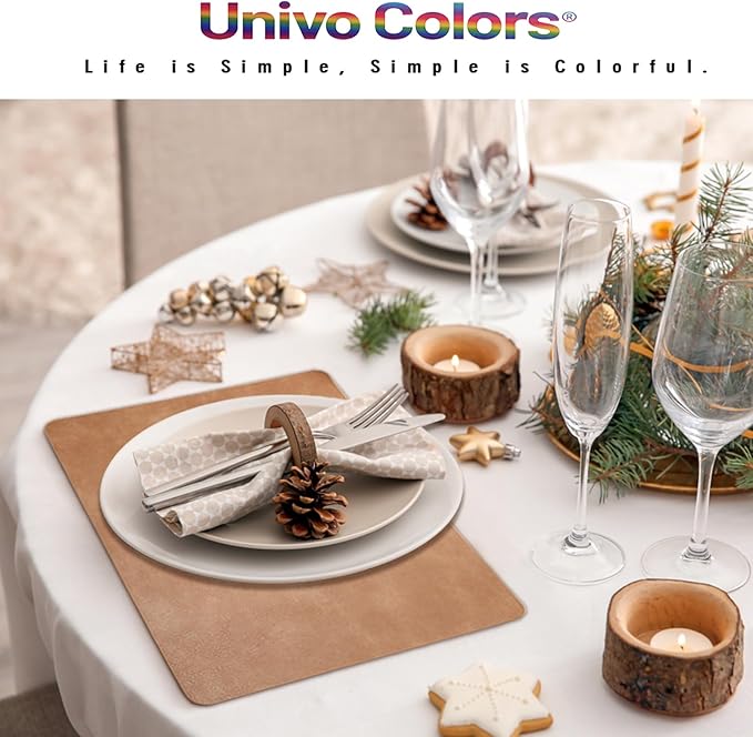 UnivoColors Washed Cowhide Pattern PU Leather Placemats Set of 6 Heat Resistant Kitchen Table Mats, Waterproof Wipeable for Party Decoration(Beige)