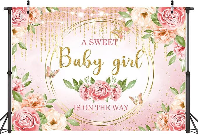 Sensfun Pink Floral Baby Girl Decorations - Glitter Gold Blush Flower Banner for Sweet Girls Baby Shower Party Supplies - 10x6.5ft