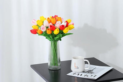20pcs Tulips Artificial Flowers 14" Fake Flowers Slik Real Touch Tulips Faux Flowers for Spring Easter Mother's Day Table Decor Wedding Bouquet (Colorful)