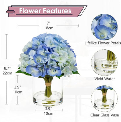Hollyone Blue Hydrangea Artificial Flowers in Vase Latex Real Touch Small Faux Hydrangea Flowers Arrangements Hydrangeas Fake Flower with Glass Vase with Faux Water for Table Centerpiece Home Decor