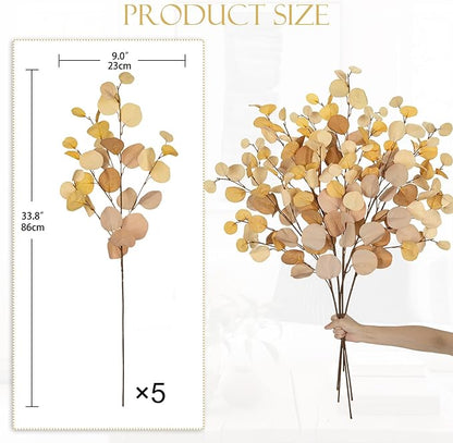 DILATATA Artificial Yellow Eucalyptus Stems – 34” Silk Silver Dollar Leaves, Set of 5 – Faux Eucalyptus Branches for DIY Bouquets, Floral Arrangements, Centerpieces, Wedding & Home Décor