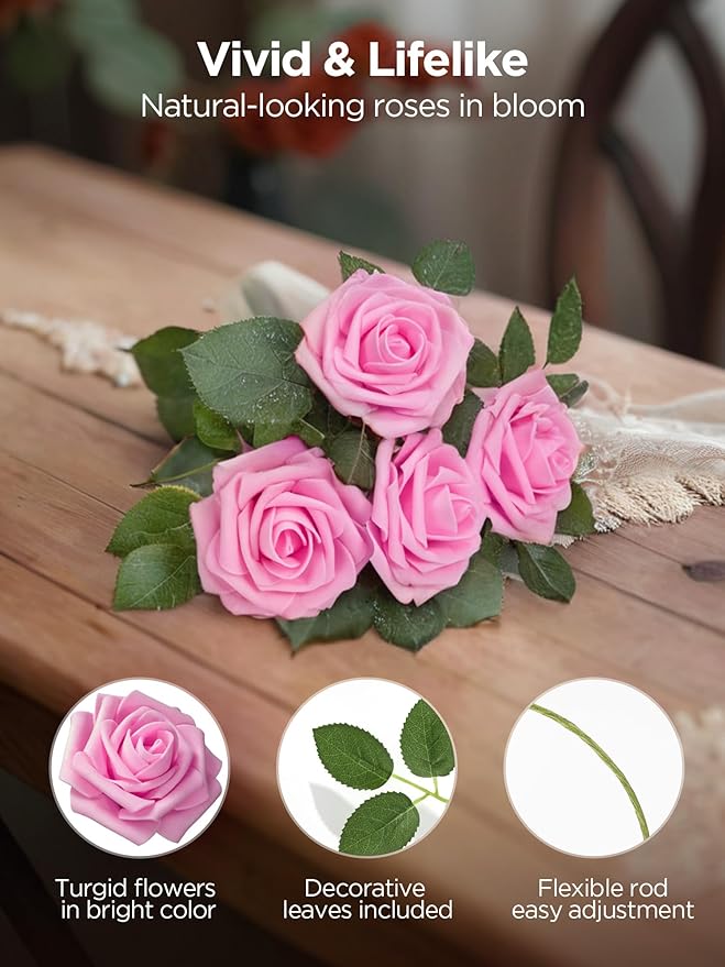 InnoGear Artificial Flowers, 100 Pcs Pink Foam Fake Roses Bulk with Stems for Decoration DIY Wedding Bouquets Centerpieces Bridal Shower Party Valentines Christmas Tree