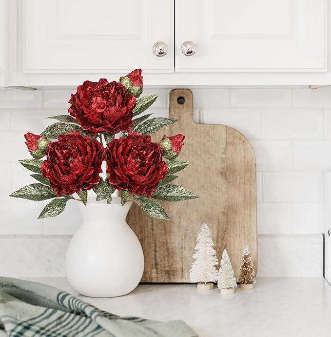 Briful 3PCS Red Artificial Christmas Peony Flower Stems, 15in Silk Peonies with Bud Fake Peony Floral Arrangement for Xmas Home Vase Party Wedding Bouquet Decor