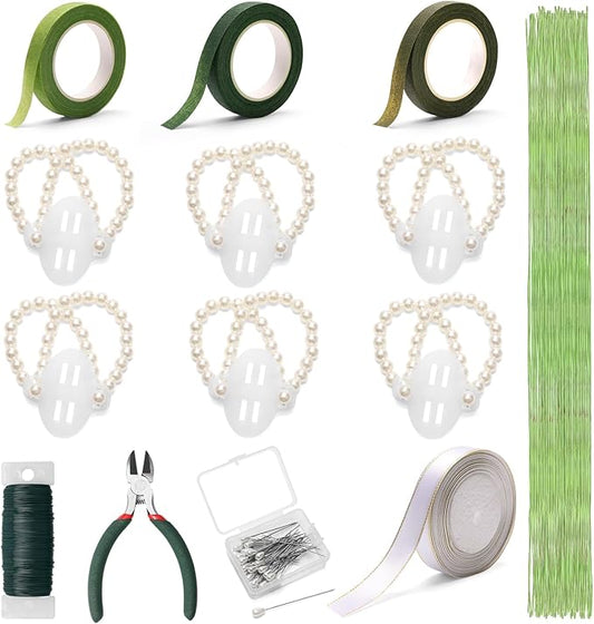 AHIER Corsage Wristlet Band, 162PCS DIY Wrist Corsage Kit with 6P Corsage Bracelet, Wire Cutter and Floral Wire, Green Floral Tape, Pin, Ribbon for Wedding Party Boutonniere Wrist Corsage Supplies