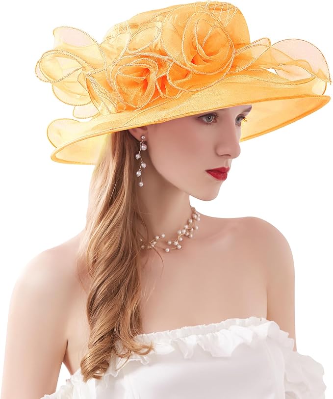 Organza Derby Hats for Women Wide Brim Fascinator Hat Rose Flower Wedding Tea Party Hat
