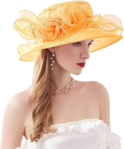 Organza Derby Hats for Women Wide Brim Fascinator Hat Rose Flower Wedding Tea Party Hat