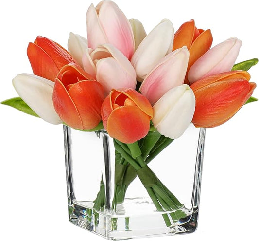 DILATATA Artificial Tulips in Vase with Faux Water 5.5" Real Touch Mixcolor Flowers Fake Tulips Small Flowers Arrangement in Cube Glass Vase for Mother's Day Table Centerpiece Wedding Home Decor