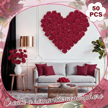 50 Pcs Artificial Peony Flower Bulk 3.5 Inch Silk Peony Flowers Heads with Stems Realistic Fake Roses for DIY Wedding Party Craft Bridal Bouquets Table Centerpieces Vase Home Decor(Burgundy)