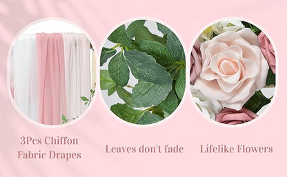 Ting's time Arch Flowers with Drapes Kit (Set of 5)-2Pcs Artificial Floral Swag Arrangement 3Pcs Draping Fabric for Wedding Floral Party Outdoor Decor (Dusty Rose)