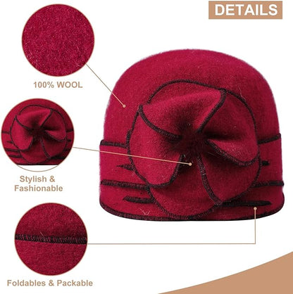 Sumolux Beanie Hats for Women Wool Skull Cap Beret Floral Cuffed French Vintage Dress Cloche Classic Winter 1920s