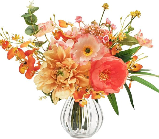 WELL KNOWN Silk Peony Mixed Wild Flower Bouquet in Vase, Artificial Flowers Arrangements Orange & Pink Fake Flowers with Vase for Home Living Room Wedding Party Dinning Table Fall Seasonal Decor