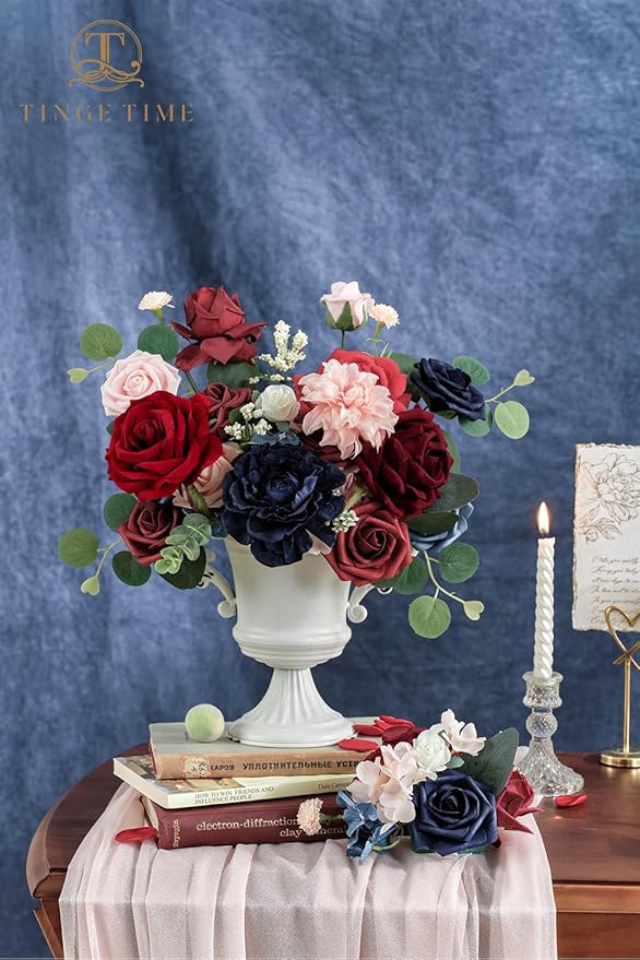 TINGE TIME Artificial Flowers Combo Mix Silk Flowers Pink Roses w/stem for DIY Wedding Bridal Bouquets Baby Shower Floral Arrangement Table Centerpieces Home Decorations (Red & Navy Blue & Pink)