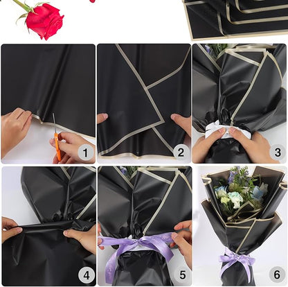 YIDATIKER 20 sheet Flower Wrapping Paper,waterproof floral wrapping paper for bouquets,DIY Florist Supplies Packaging Paper with satin ribbon for Wedding,Birthday,Valentine's Day(Black)