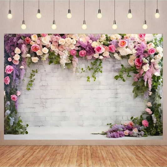 12x8ft Retro White Brick Wall Floral Backdrop Romantic Roses Vine Leaves Photography Background Girls Birthday Party Wedding Bridal Shower Flowers Brick Wall Decoration Supplies Photo Booth Props