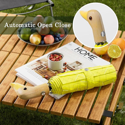 Cute Duck Umbrella Automatic - Compact Pretty Pocket Size Strong Duck Collapsible Umbrella Yellow Wooden Handle for Women