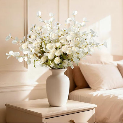 Real-Touch Faux Silk Mums Bouquet, Bendable Long Stems, Full & Realistic Artificial Flower Arrangement for Vase, Table, Wedding & Wreath Décor, Beige(No Vase) (White Kiku+Wax+Eucalyptus)