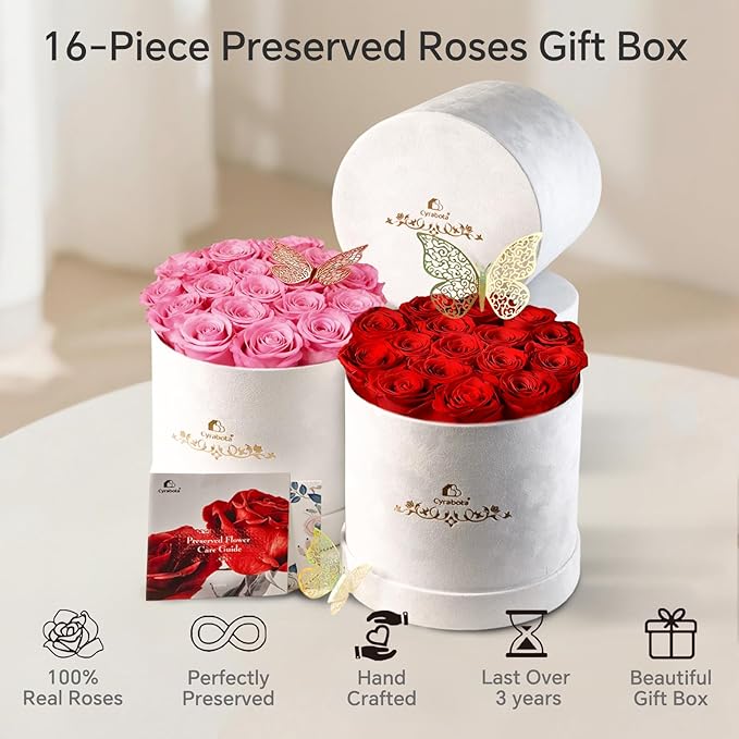 16 Preserved Roses in a Box, Preserved Flowers Gifts for Women, Forever Flowers for Delivery, Flower Birthday Gifts Box for Her, Mothers Day Rose Gifts for Mom, Sweet Pink